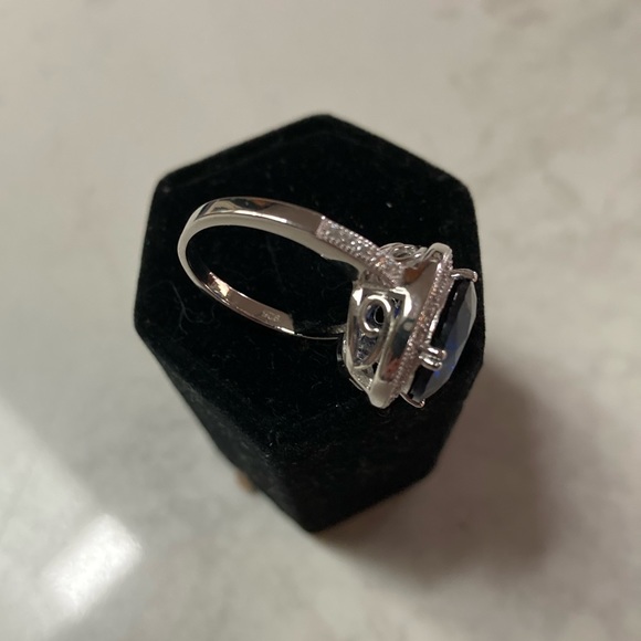 925 Silver Blue CZ Surrounded & edged with Clear CZ stones Scrolled cage Sz 7 - Picture 13 of 14